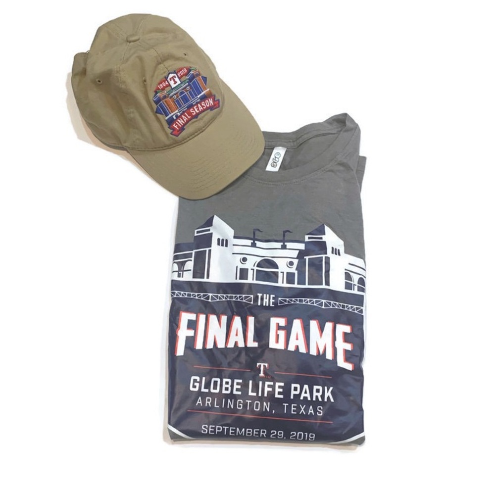 Texas Rangers baseball Globe Life Park T-shirt and hat